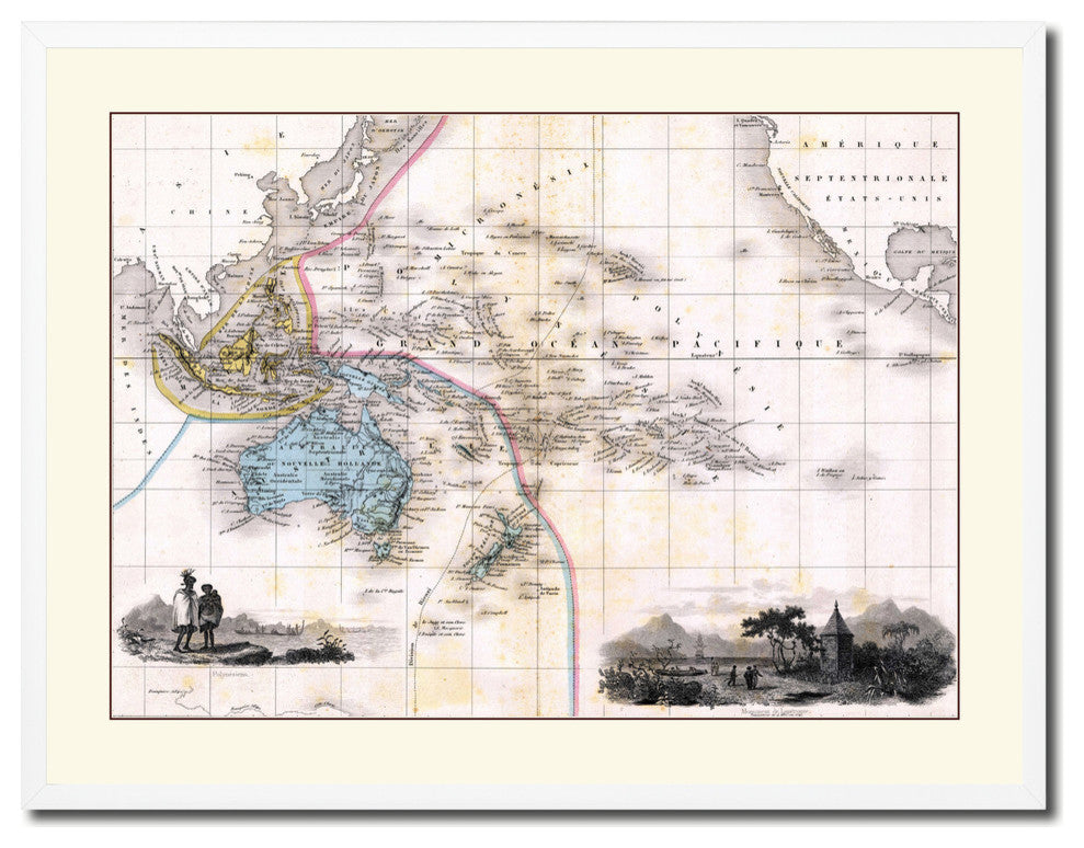 Oceania, Australia New Zealand Old Map Print On Canvas With Frame 28" X 37"