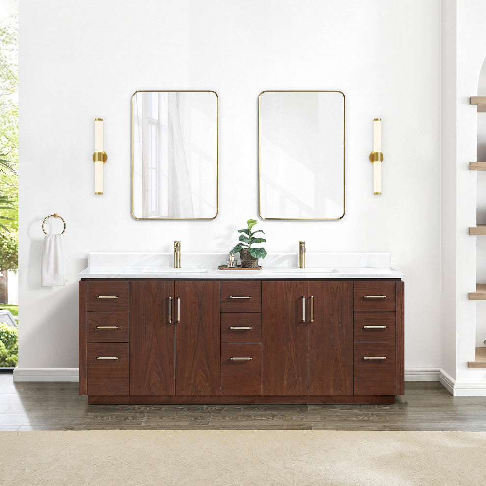 San Bath Vanity with Stone Top, Natural Walnut, 84", Double Vanity, No Mirror