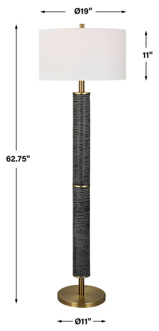 Elegant Modern Gray Black Antique Brass Floor Lamp 63 in Organic Stripes Carved