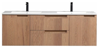 Fiore Wall Mount Modern Bathroom Vanity, Oakwood, 60", Double Sink