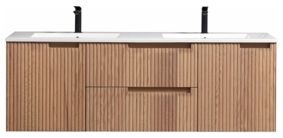 Fiore Wall Mount Modern Bathroom Vanity, Oakwood, 60", Double Sink