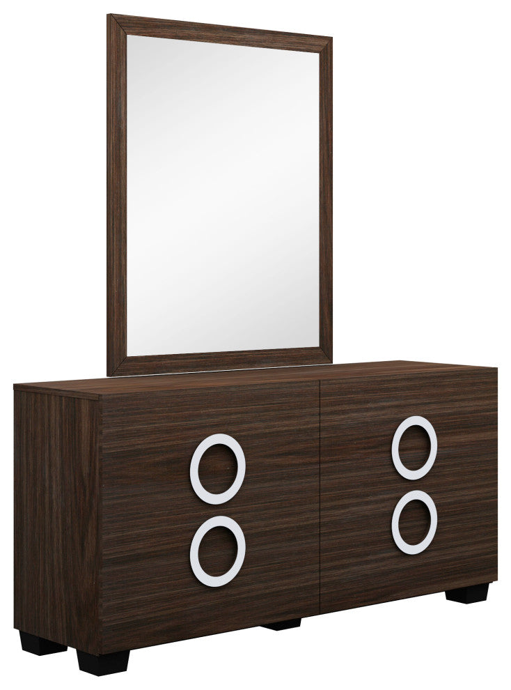Sofia Wood Platform Bed Dresser Chest and Mirror in High Gloss, Wenge, Cal King