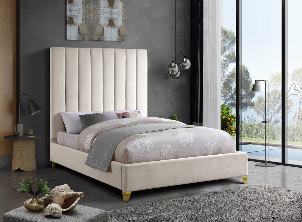 Via Velvet Upholstered Bed, Cream, Queen