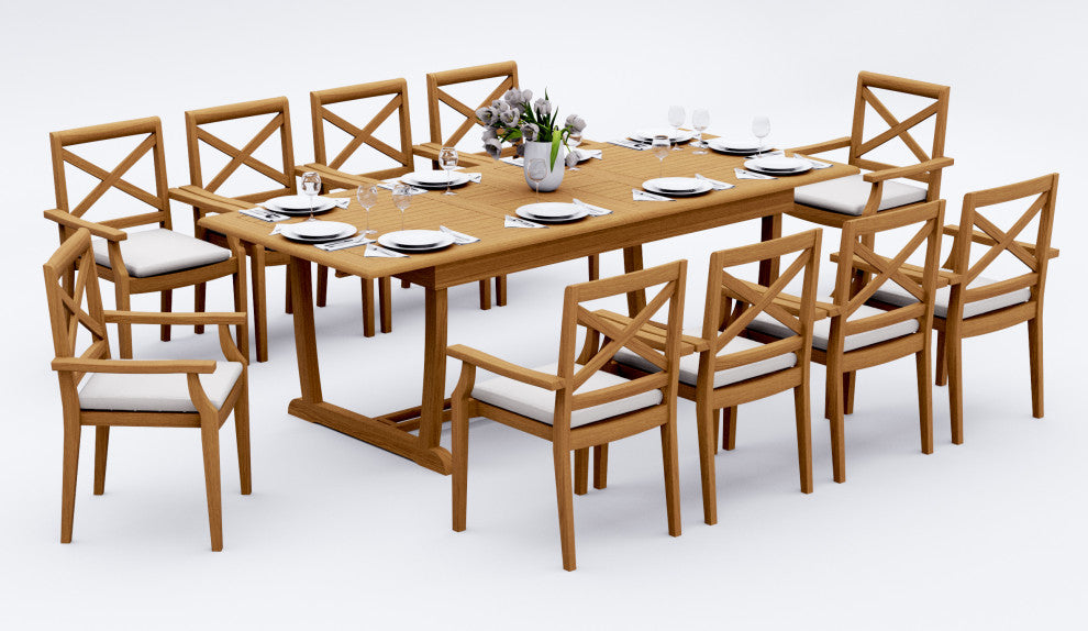 11-Piece Outdoor Teak Dining: 117" Masc Rectangle Table, 10 Grand Stacking Chair