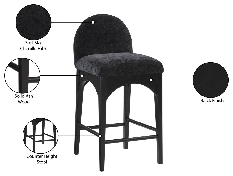 Waldorf Chenille Upholstered Stool, Black, Chenille, Natural Finish, Black, Chenille Fabric, Black Finish