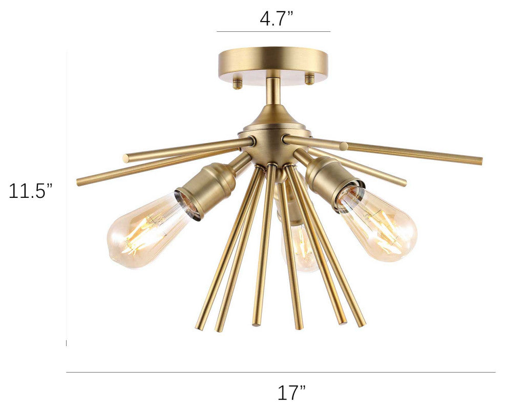 3-Light Sputnik Semi-Flush Mount Ceiling Light, Gold