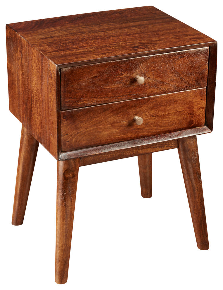 Two Drawer Mid Century Chest, Pecan Finish