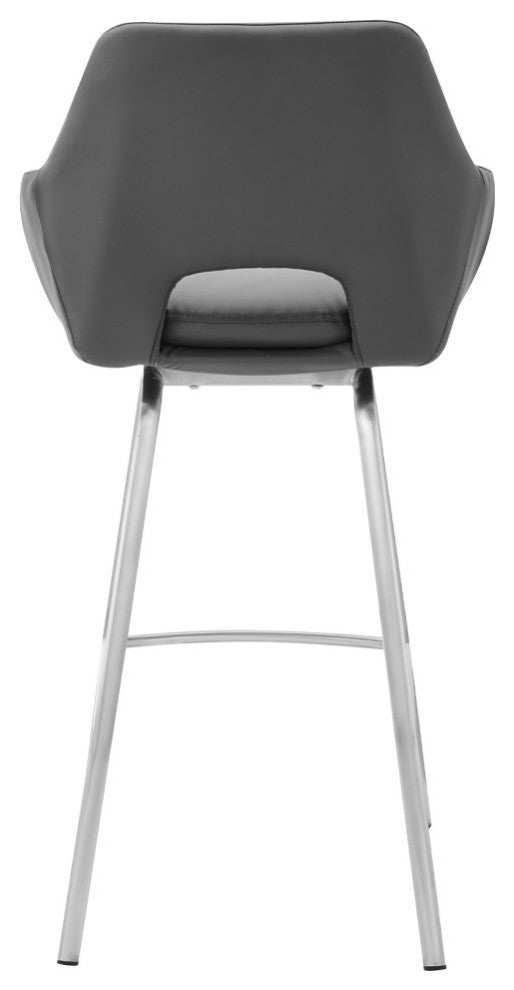 Aura Faux Leather and Metal Bar Stool, Stainless Steel/Gray, Bar Height, 29-32"