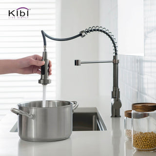 Aurora Single Handle Pull Down Kitchen Faucet, Titanium, W/ Soap Dispenser
