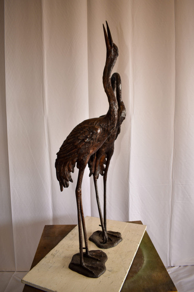Pair of Crane Fountains Made of Bronze Statue 13" x 9.5" x 52"H