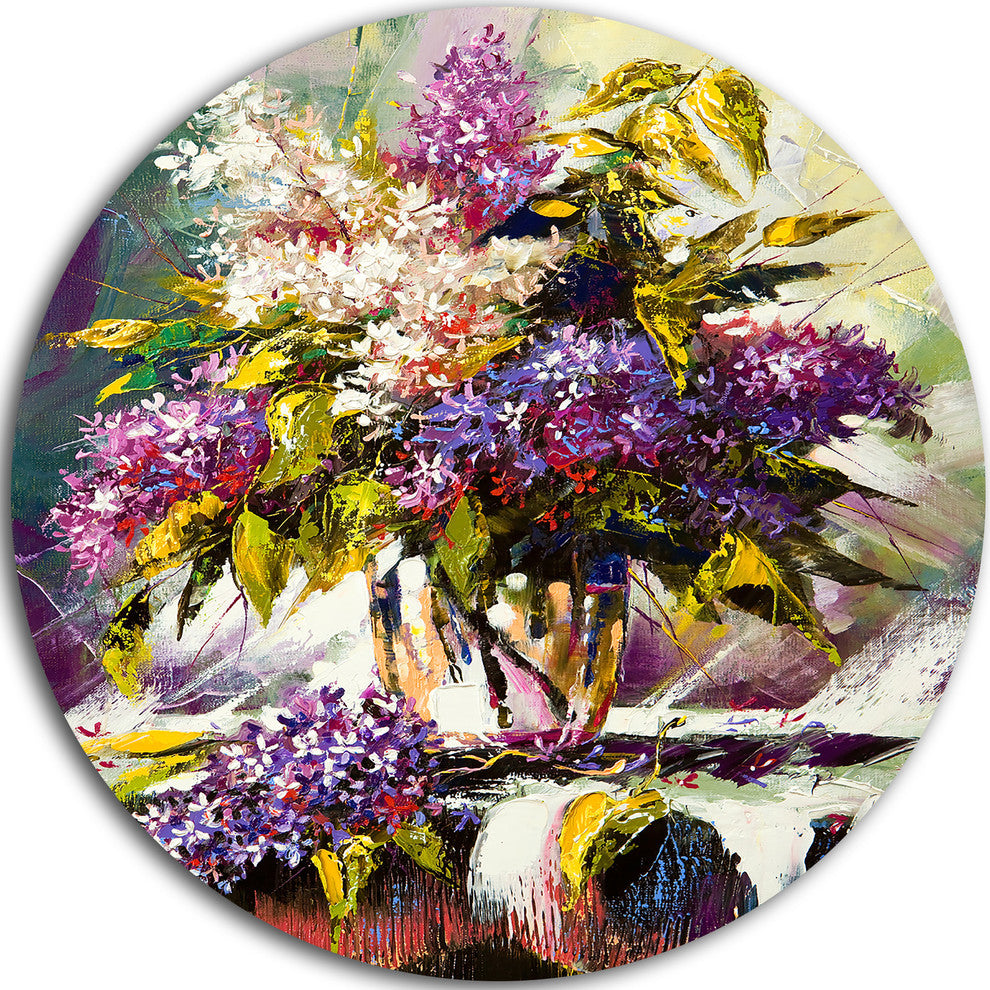 Lilac Bouquet In A Vase, Floral Disc Metal Artwork, 23"