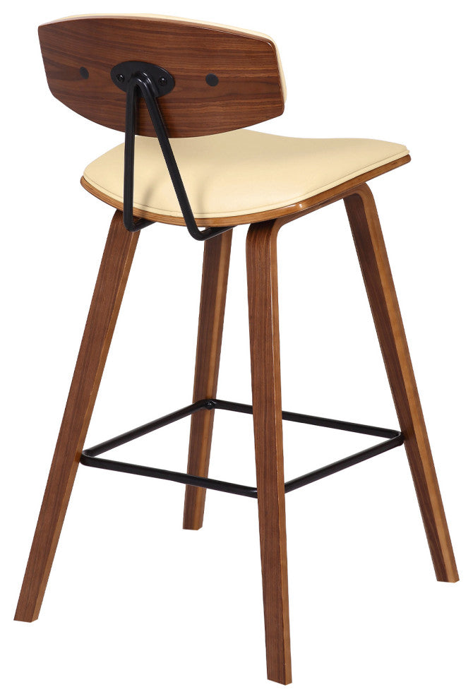 Fox 26" Mid-Century Counter Barstool, Cream Faux Leather With Walnut Wood