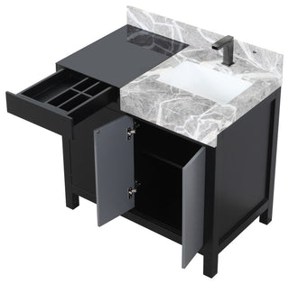 Zilara 36 Black, Grey Vanity, Grey Marble Top, Square Sink, Gun Metal Faucet Set