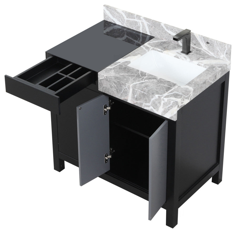 Zilara 36 Black, Grey Vanity, Grey Marble Top, Square Sink, Gun Metal Faucet Set