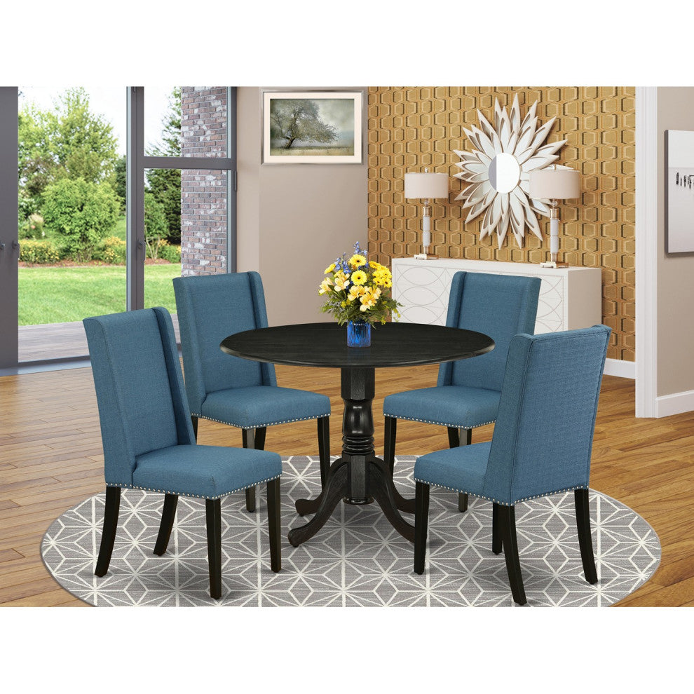 5Pc Kitchen Set, Pedestal Table, 4 Chairs, Mineral Blue Chairs Seat, Black