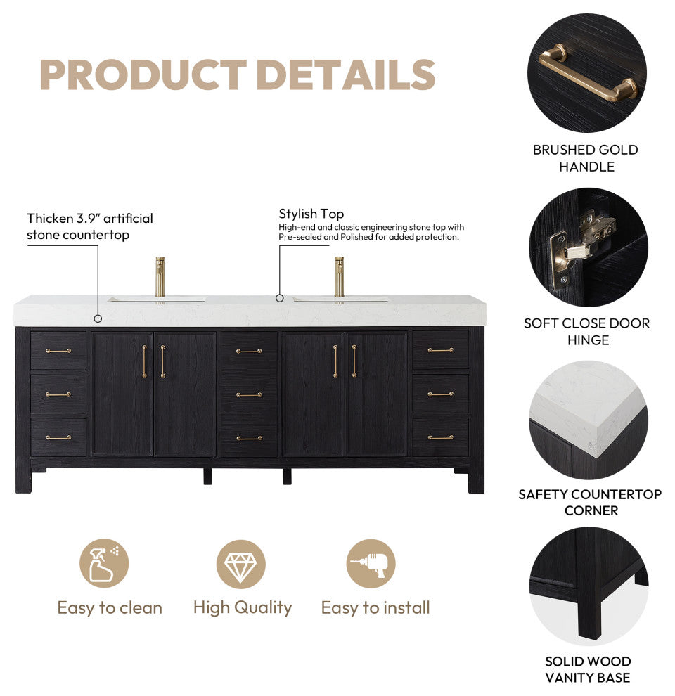 Leon Bath Vanity With Composite Stone Top, Fir Wood Black, 84", With Mirror