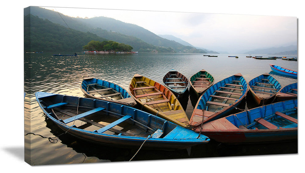 Beautiful Boats in Phewa Lake, Boat Canvas Art Print, 32"x16"