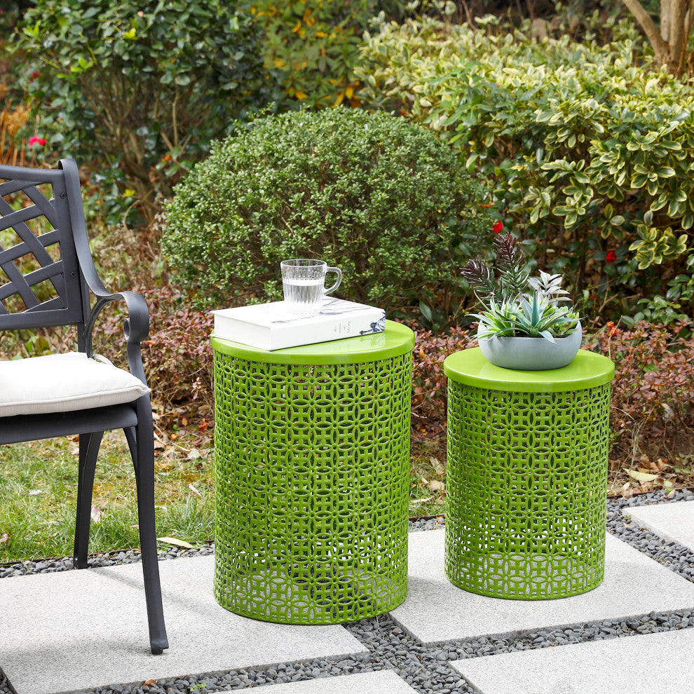 Metal Garden Stool or Plant Stand or Accent Table, Set of 2, Green