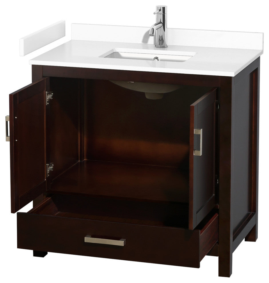 36" Single Bathroom Vanity, Espresso, White Cultured Marble Countertop, Sink