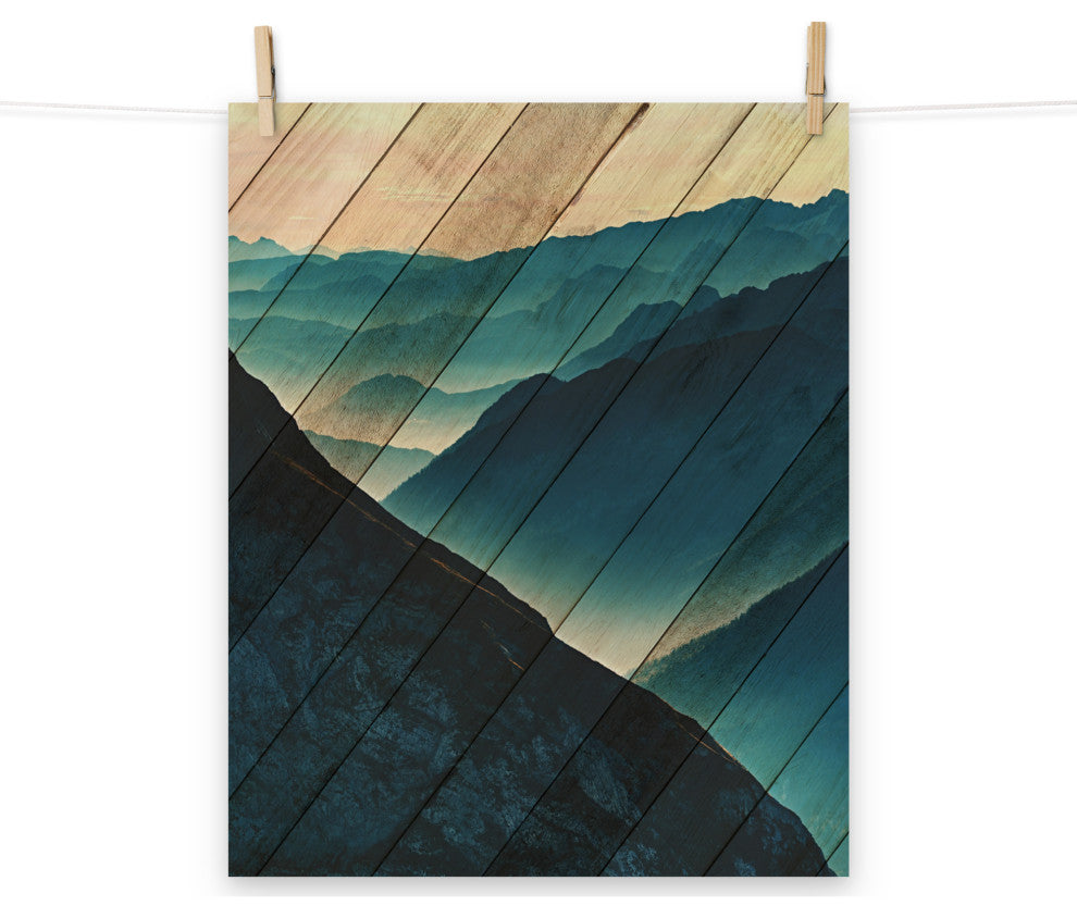 Faux Wood Misty Blue Silhouette Mountain Range Landscape Wall Art, 16" X 20"