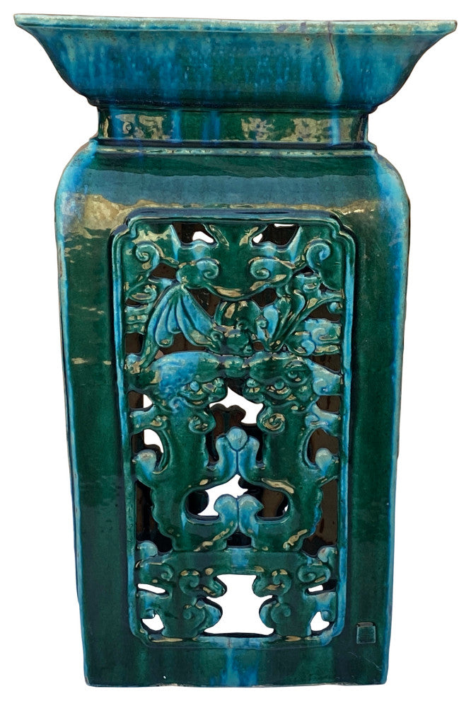 Ceramic Clay Green Square Tall Pedestal Table Bats Dragons Stand Hcs6996