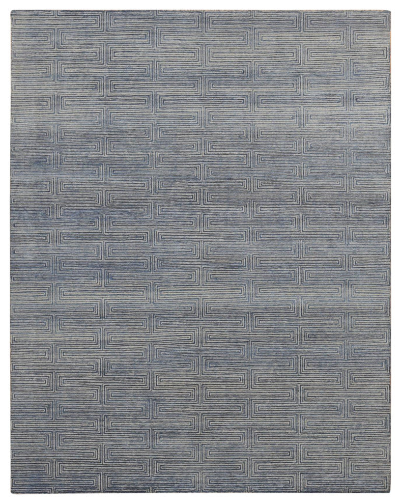 Blue, Silk With Wool, Maze Design, Hand Knotted Rug, 8'x10'
