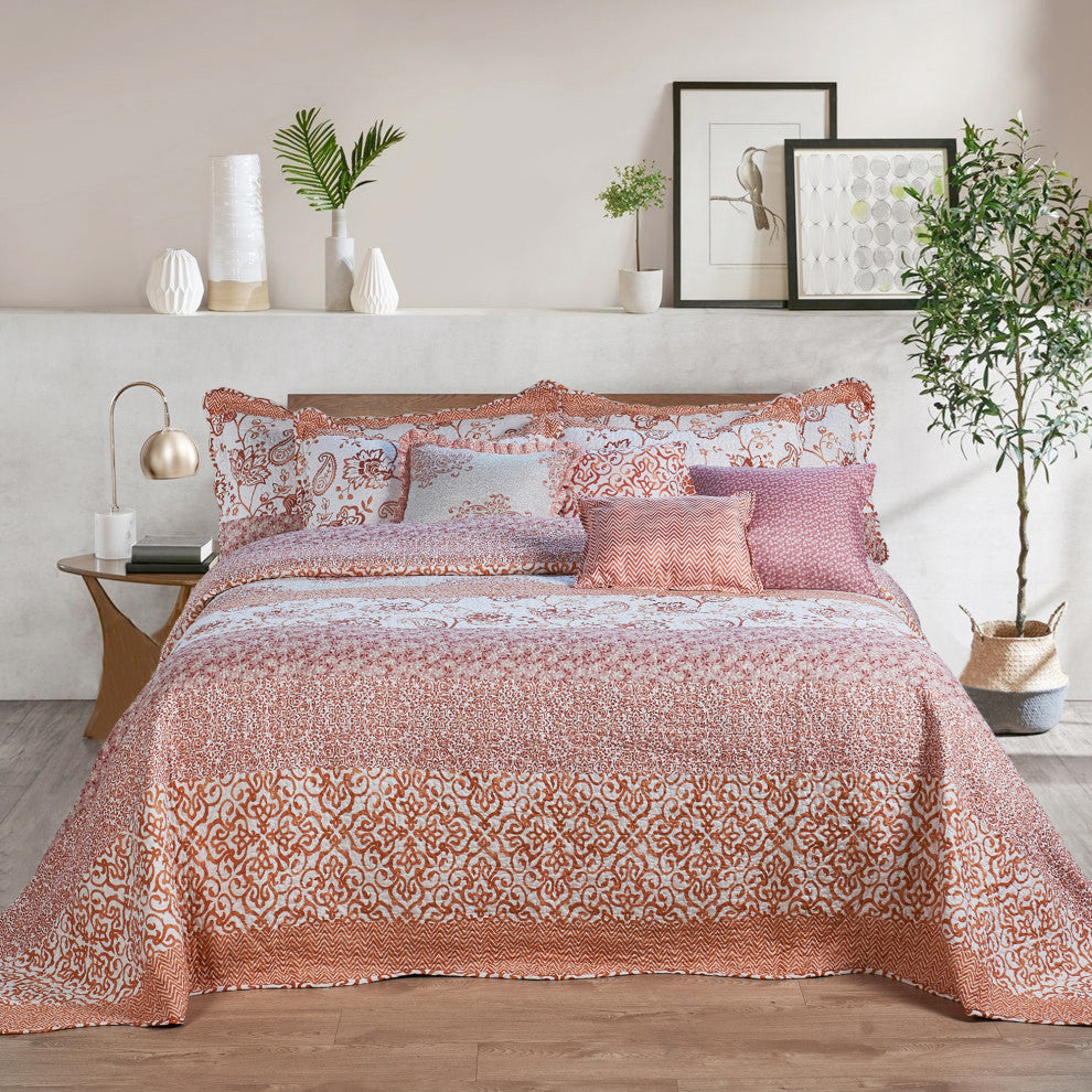 Coral Chevron 9-Piece Bed Spread Set, Coral, King, 122"x106"