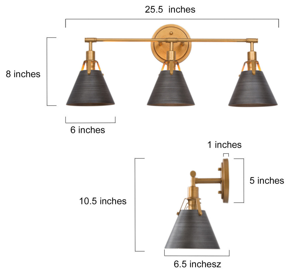 LALUZ 3 Light Brushed Gray and Antique Gold Transitional Vanity Light Bar