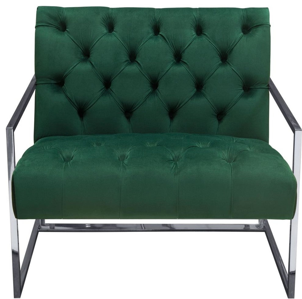 Velvet Upholstered Button Tufted Accent Chair with Stainless Steel Sled, Green