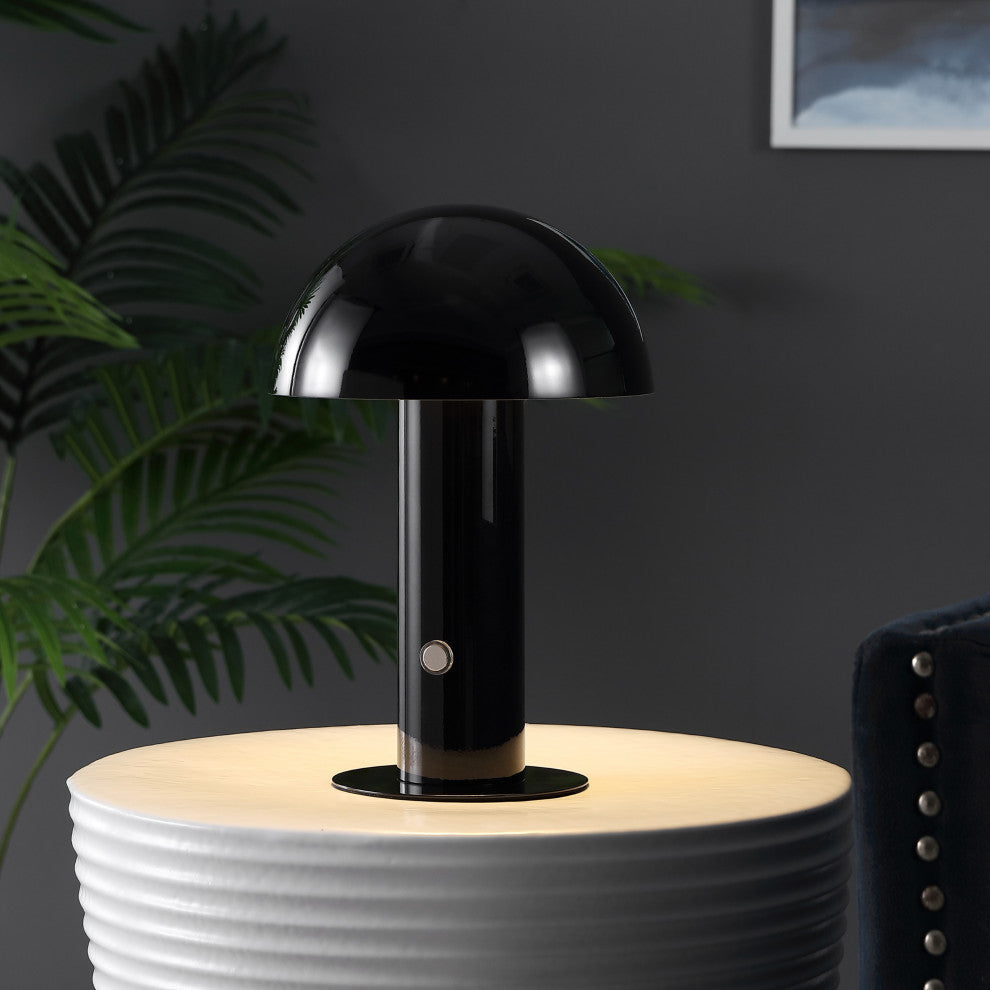 Boletus 10.75" Rechargeable/Cordless Iron Integrated Mushroom Table Lamp, Black