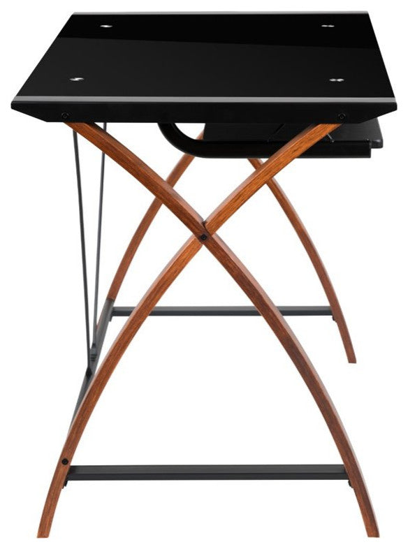 Black Glass Computer Desk with Pull-Out Keyboard Tray and Crisscross Frame