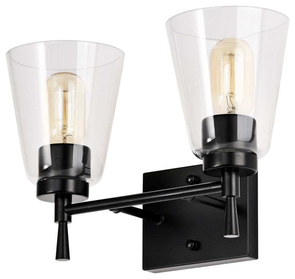 13 in. 2-Lights Matte Black Vanity Light With Clear Glass Cone Shades