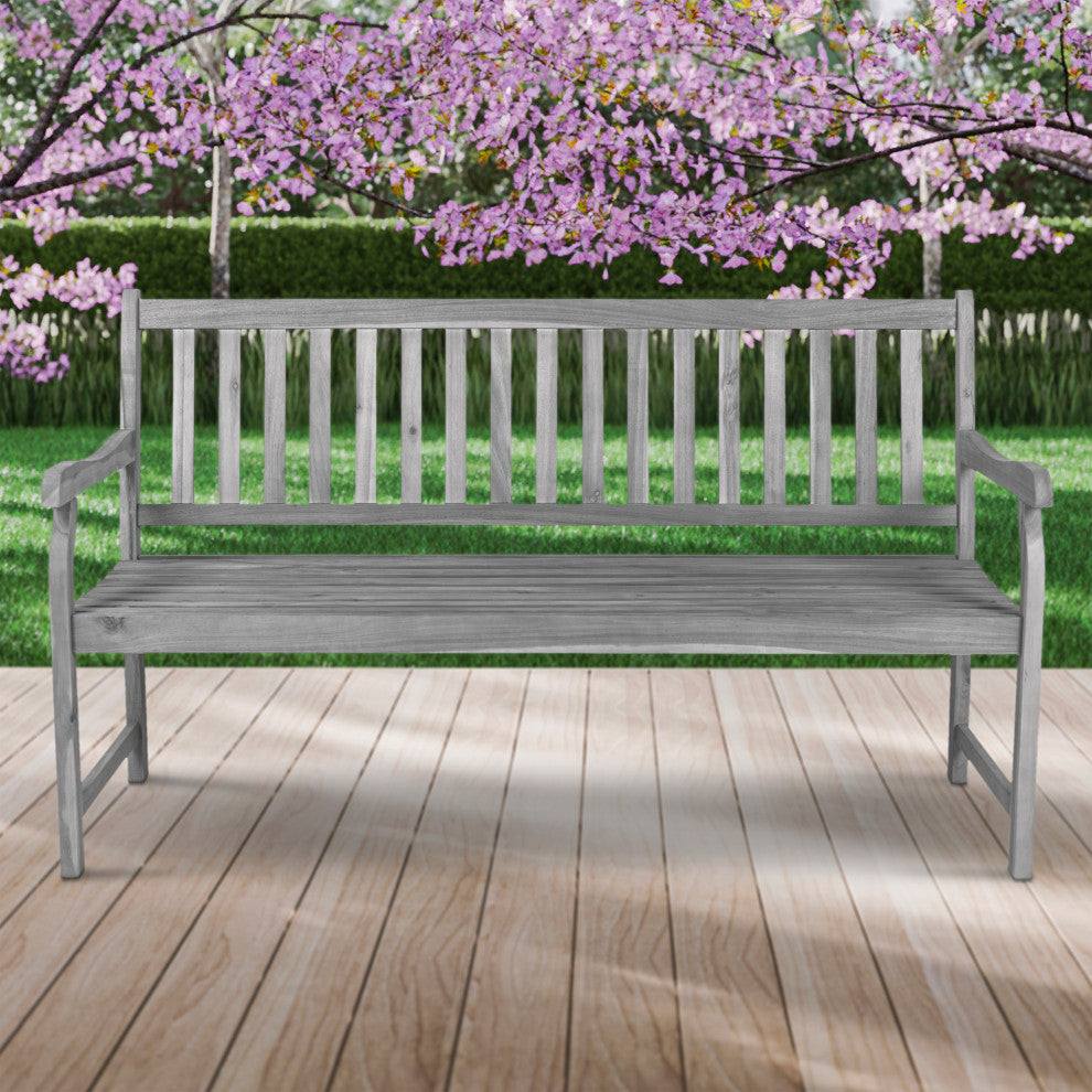 Laurel 59.1" 3-Seat Slat-Back Acacia Wood Outdoor Garden Patio Bench, Gray