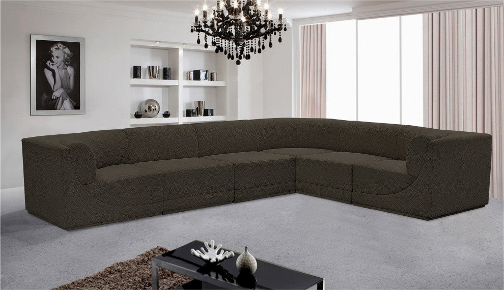 Ollie Black Boucle Fabric L-Shaped Modular Sectional, Brown, 6-Piece: 3 Armless Chair, 3 Corner Chair