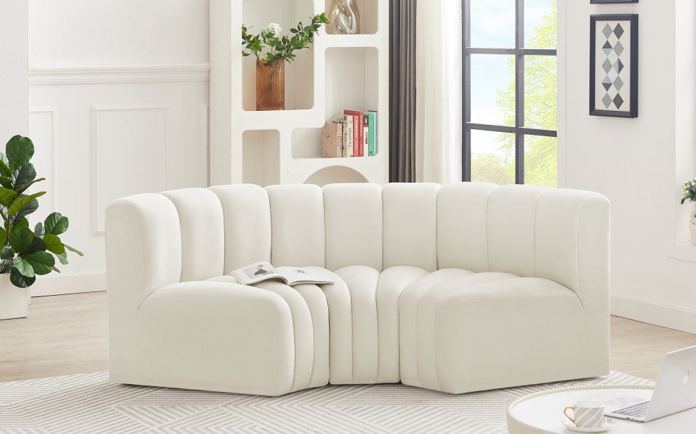 Arc Velvet Upholstered 3-Pc. Inward Curved Modular Sectional, Cream