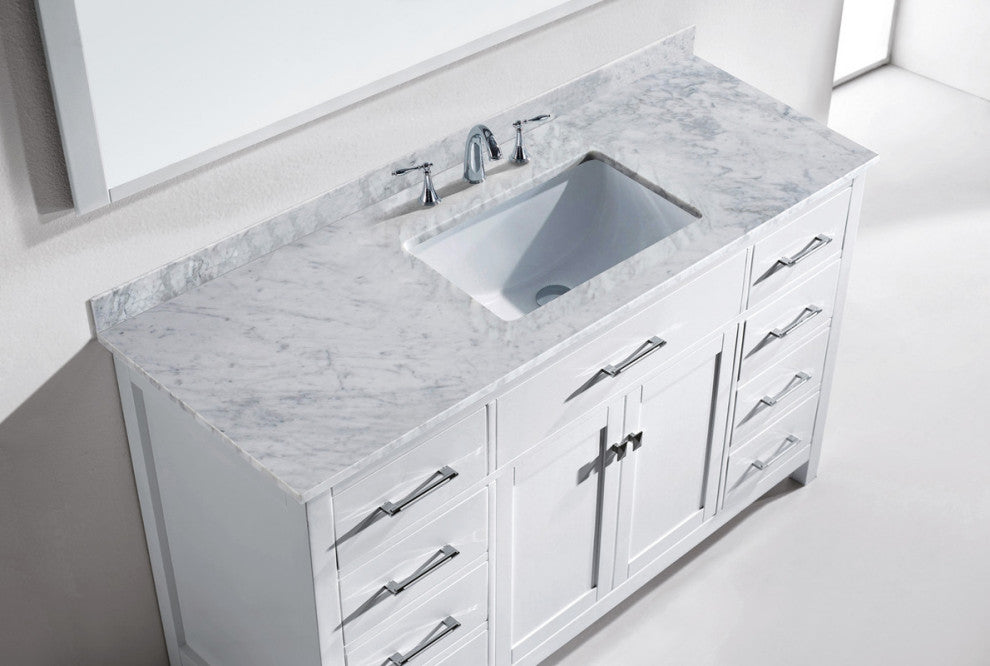 Caroline 60" Single Bath Vanity, White, White Marble Top and Square Sink