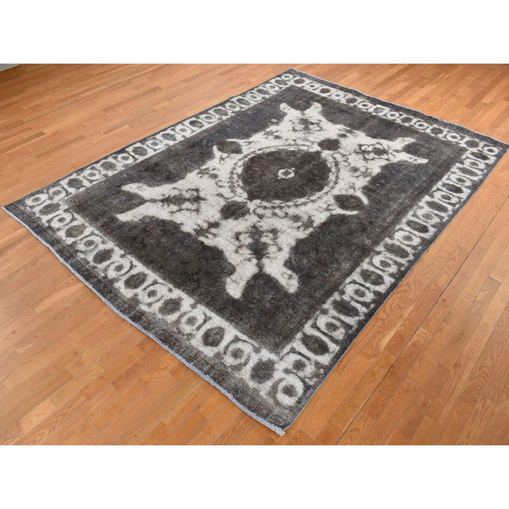 Black Vintage Overdyed Persian Tabriz Barjasta Wool Hand Knotted Rug 8'x11'