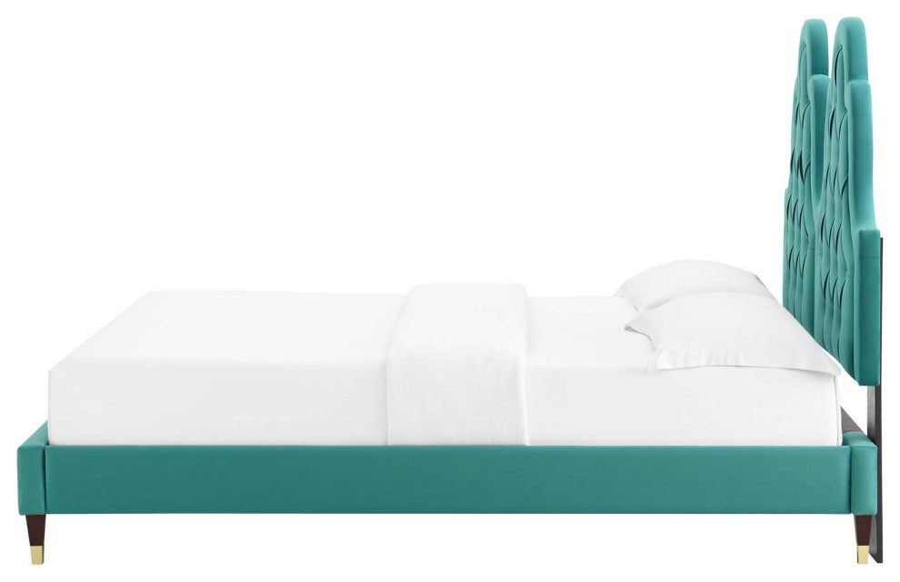 Tufted Platform Bed Frame, Twin Size, Velvet, Teal Blue, Modern Contemporary