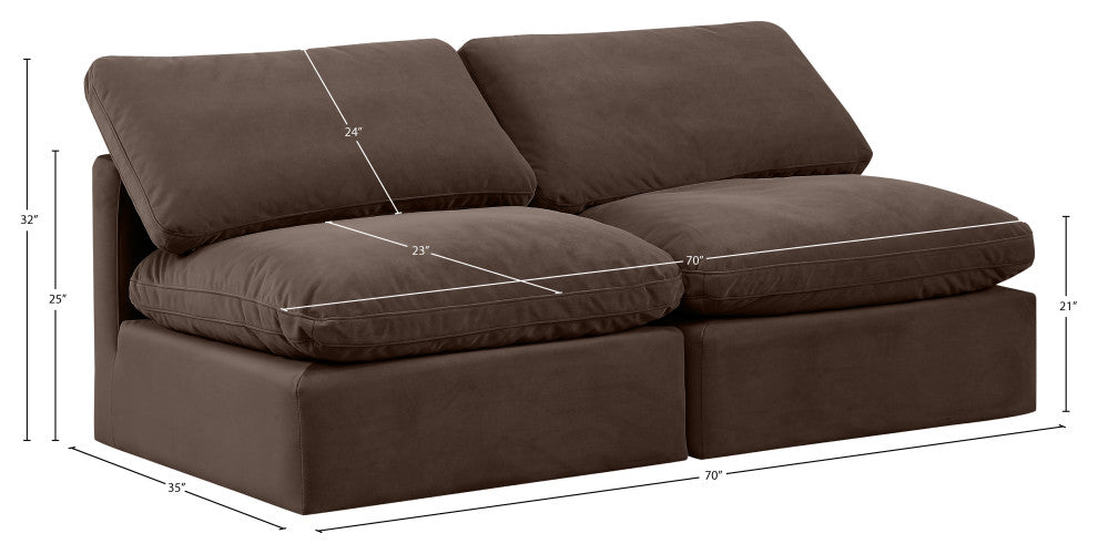 Indulge Upholstered Modular Sofa, Brown, 2-Piece: 2 Armless Chair, Down Stuffed Velvet