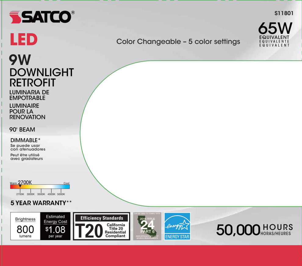 9 Watt LED Downlight Retrofit - 5-6" - Adjustable Color Temperature - 120 Volt