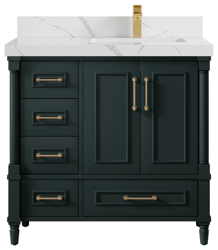 Aberdeen 36 Right Offset Bath Vanity in Dark Forest Green 2" Calacatta Laza