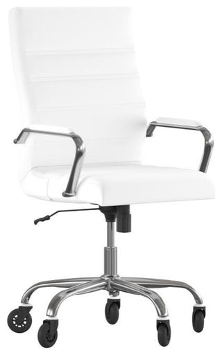 Whitney High Back Executive Swivel Office Chair with Black Frame & Arms, White Leathersoft/Chrome Frame