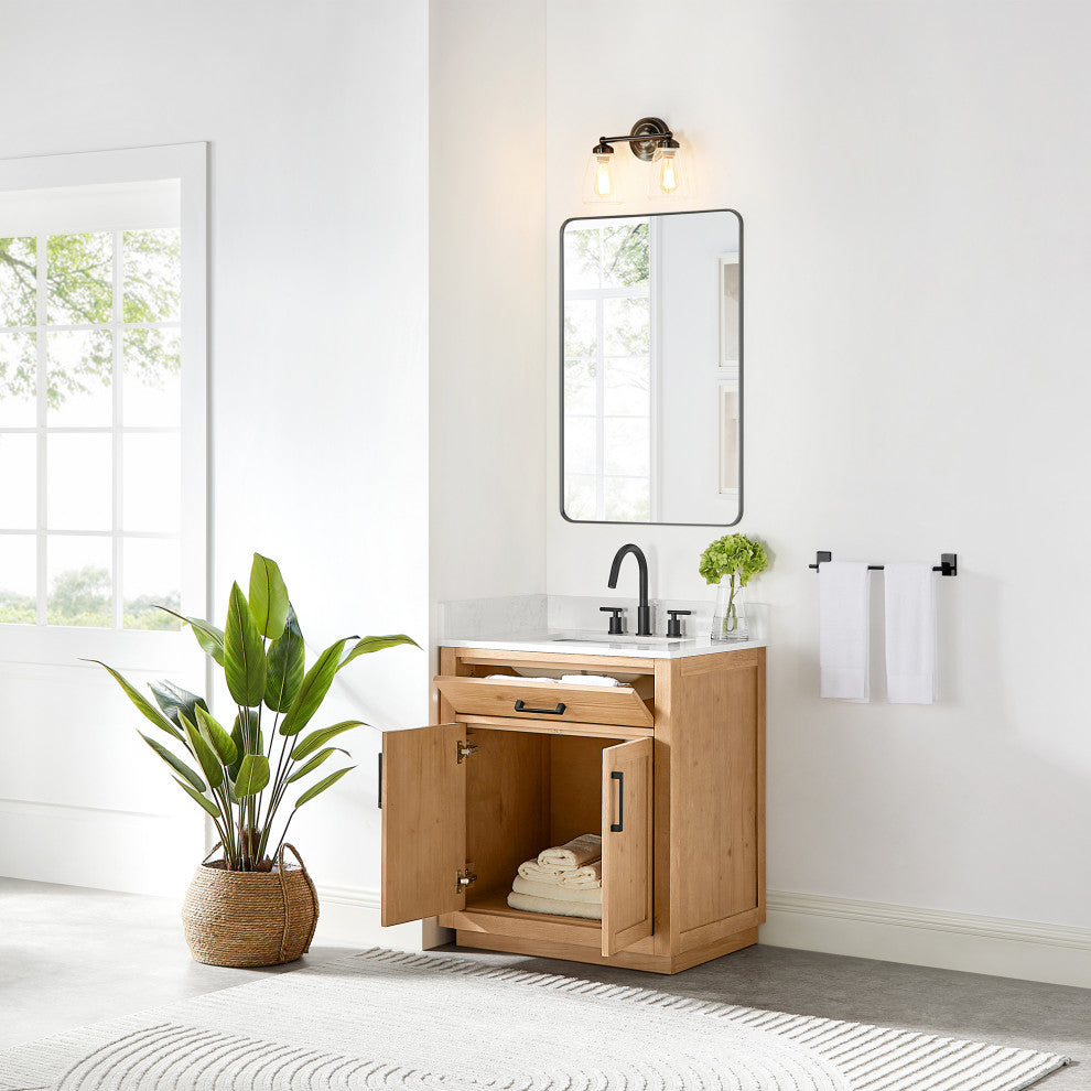 Gavino Vanity With Grain White Composite Stone Top, Light Brown/Matte Black, 30", With Mirror