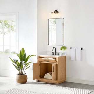Gavino Vanity with Grain White Composite Stone Top, Light Brown/Matte Black, 30", with Mirror