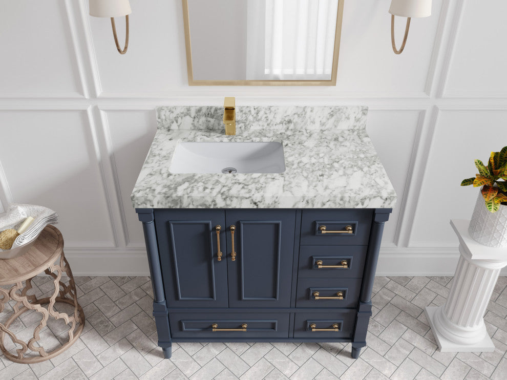 Aberdeen 36 Left Offset Bath Vanity in Hale Navy Blue  2" Carrara Marble