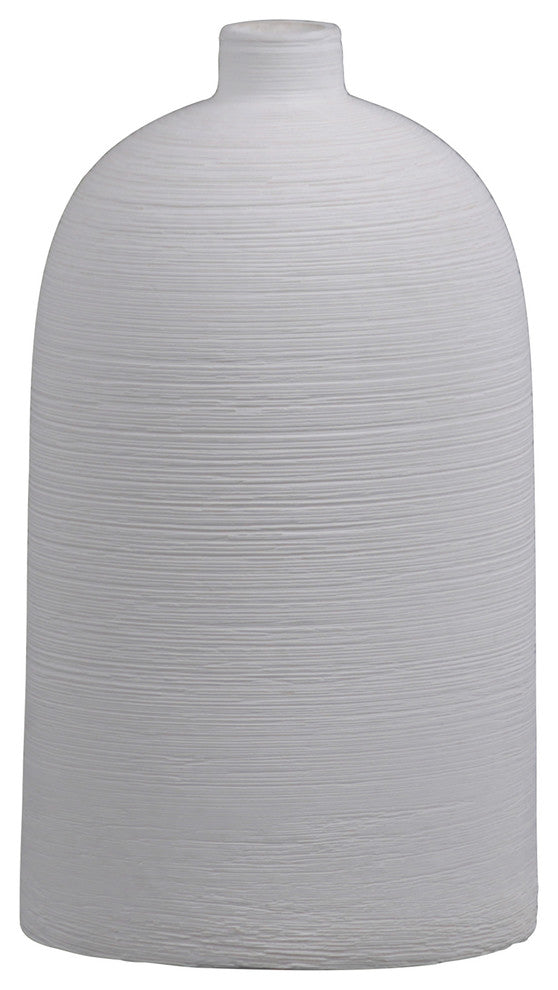 Ceramic Round Vase With Short Neck and Small Mouth, Combed Finish White