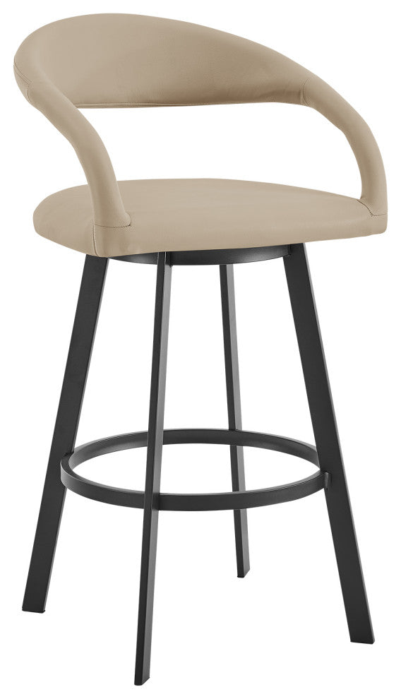 Ramona 26" Counter Stool With Matte Black Iron and Black Faux Leather, Beige, 30 Inch, Swivel
