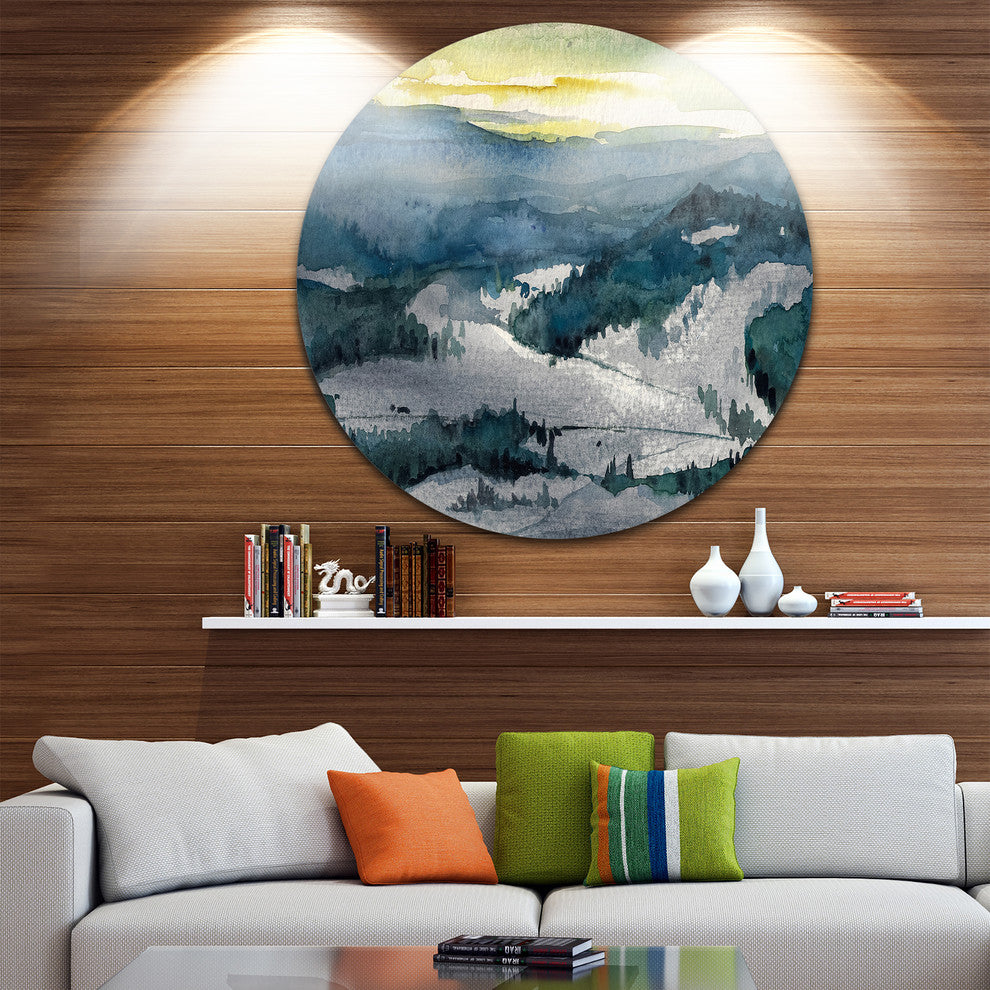 Dark Mountains Watercolor, Landscape Painting Disc Metal Artwork, 23"