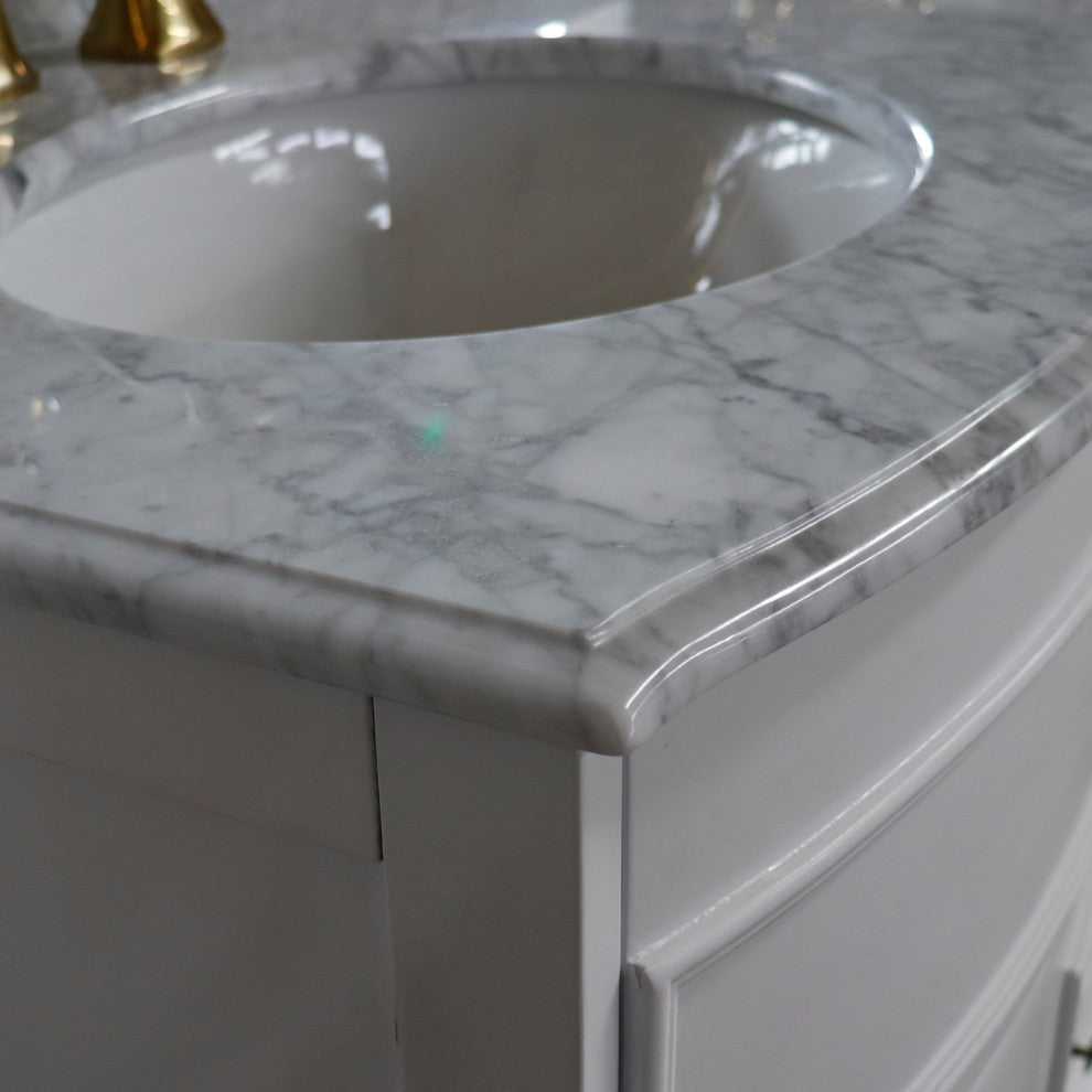 62" Double Sink Vanity Antique White Finish, White Marble Top
