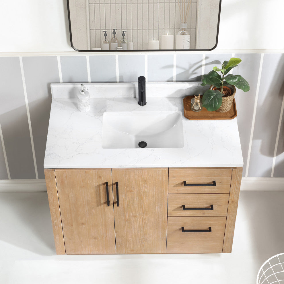 San Bath Vanity with Stone Top, Fir Wood Brown, 42", Single Vanity, With Mirror